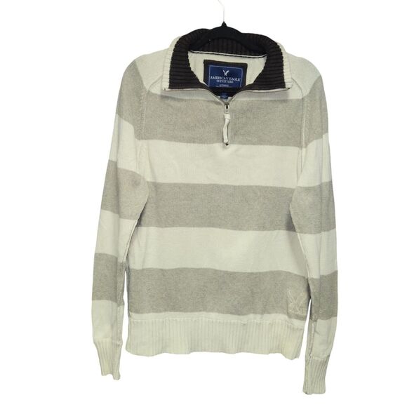 American Eagle Mens Large Sweater Gray White Stripes 1/4 Zip Long Sleeve - Picture 1 of 10